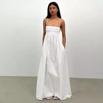 Летнее однотонное повседневное удобное длинное платье без рукавов S белый