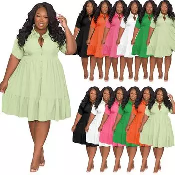 Летнее однотонное женское платье-рубашка с короткими рукавами и лацканами больших размеров 4XL чёрный