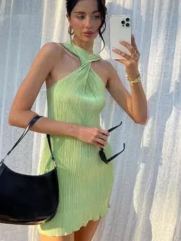 Летнее однотонное женское плиссированное мини-платье с бретелькой на шее и открытыми плечами, свободное короткое платье, новое пляжное вечернее женское платье S зелёный