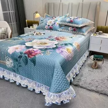 Летнее охлаждающее покрывало с принтом 250x270 см, стеганое покрывало с цветочным рисунком, двуспальное покрывало с оборками, двойное с 2 наволочками, можно стирать 250x270cm-3pcs set