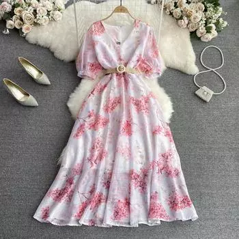 Летнее ощущение роскоши для пожилых людей, элегантное распашное шифоновое платье с V-образным вырезом и короткими рукавами, облегающим талию, с принтом в виде слова