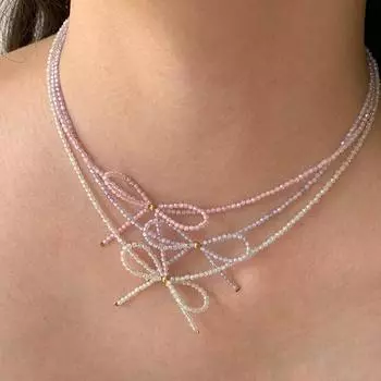 Летнее ожерелье с бантом из бисера с кристаллами допамина, женское, нежное, милое, модное, универсальное, цепочка на шею, цепочка на ключицу