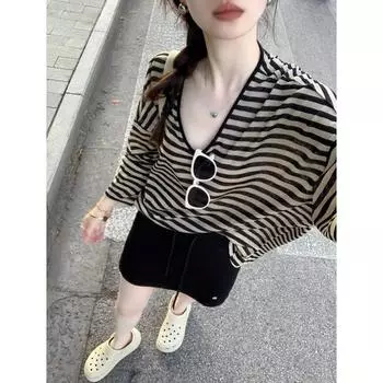 Летнее пальто с круглым вырезом контрастного цвета, свободная тонкая футболка с длинным рукавом Black tea XL recommended 57.50 kg-65.00 kg