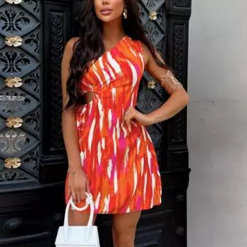 Летнее печатное сексуальное платье на одно плечо с диагональным воротником на шнуровке для женщин S небесно-голубой