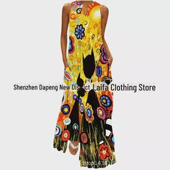 Летнее платье 2023 года с V-образным вырезом и принтом в стиле ретро без рукавов, многоцветное длинное платье 5XL
