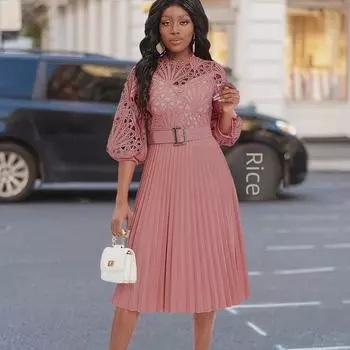Летнее платье 2024 года с кружевом и плиссе: Элегантный, сексуальный, большого размера, европейский и американский стиль с нотками африканского колорита XXL