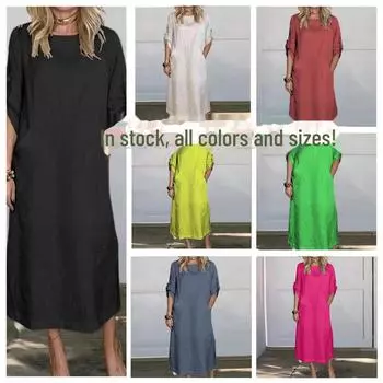 «Летнее платье 2024 года в европейском и американском стиле: Свободный повседневный с короткими рукавами из хлопка и льна, однотонный 2XL чёрный
