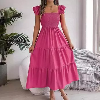 Летнее платье 2025 года, повседневное женское без рукавов, среднее и длинное платье, складки, длинное, многослойное S розы красного