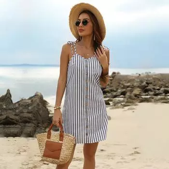 Летнее платье А-силуэта с бретелью через шею, узкие платья в полоску с завязками, шикарное, удобное и универсальное, темпераментное, элегантное, повседневное, женская одежда S синий
