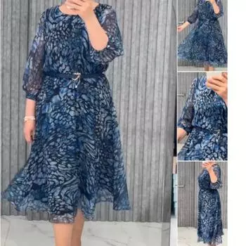 Летнее платье А-силуэта с принтом, круглым вырезом, короткими рукавами и застежкой на талию для женщин, повседневные платья средней и большой длины S