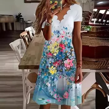 Летнее платье А-силуэта с V-образным вырезом 2024 года: Женская европейская и американская цифровая печать, короткий рукав, средняя длина L