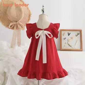 Летнее платье Bear Leader для девочек с летящими рукавами, повседневное платье с рюшами и краями, однотонное повседневная детская одежда с бантом, AH9794 2T