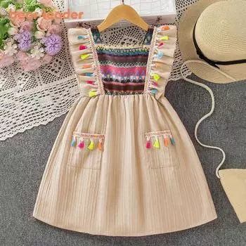 Летнее платье Bear Leader для девочек, красочное платье без рукавов с кисточками и квадратным вырезом, детская одежда в этническом стиле AZ4428 3T