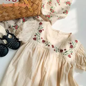 Летнее платье Bear Leader для девочек, пышные платья принцессы с короткими рукавами и вышитыми цветами, детская одежда для детей 2–7 лет AM5004 2T