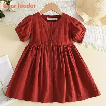 Летнее платье Bear Leader для девочек, новые повседневные платья на пуговицах, детская милая одежда, праздничная одежда для маленьких детей AH405 3T