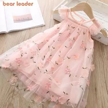 Летнее платье Bear Leader, сетчатое вечернее платье с цветочной вышивкой и круглым вырезом, детская одежда для детей 2–6 лет, AY474 2T