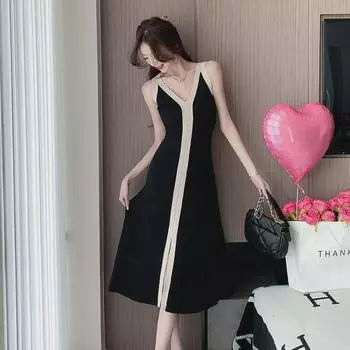 Летнее платье без рукавов, облегающее трикотажное платье в гонконгском стиле с V-образным вырезом и цветным разрезом L чёрный