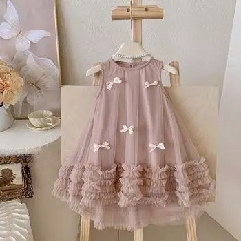 Летнее платье без рукавов с объемным бантом для девочек 90cm розовый