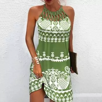 Летнее платье без рукавов с принтом на шее, винтажное ажурное пляжное свободное платье в богемном стиле с открытыми плечами, женское мини-платье, женская одежда XL золотистый