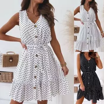 Летнее платье без рукавов с высокой талией женское женское V-образным вырезом свободное платье для отпуска S чёрный