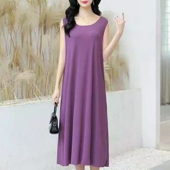 Летнее платье без рукавов, женское эластичное однотонное повседневное длинное платье больших размеров XL фиолетовый