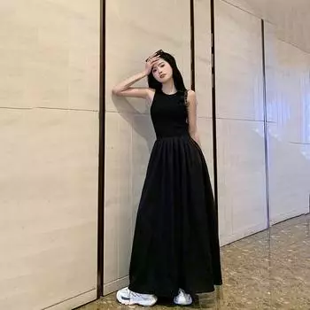 Летнее платье без рукавов, женское французское длинное платье для похудения, модное повседневное платье XXL чёрный