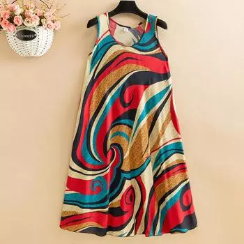 Летнее платье без рукавов Женское свободное длинное платье большого размера с принтом One Size