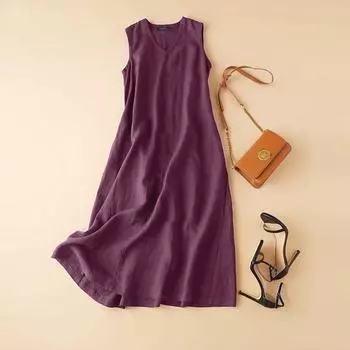 Летнее платье без рукавов Женское V-образное вырезное однотонное платье-сарафан Повседневное свободное вечернее винтажное платье из хлопка и льна XS синий