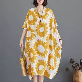 Летнее платье больших размеров для женщин, повседневное, с коротким рукавом, круглым вырезом, свободные платья, праздничное платье миди с цветочным принтом XL чёрный