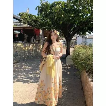 Летнее платье больших размеров для женщин, цветочный пляжный сарафан, свободные платья большого размера с подтяжками, длинные платья L