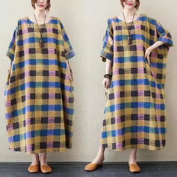 Летнее платье больших размеров, пляжный сарафан в клетку, элегантный льняной желтая женская одежда с цветочным принтом One Size дубильная кора