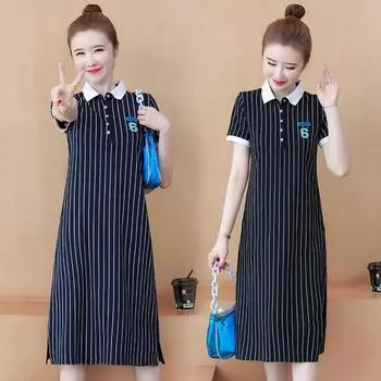 Летнее платье больших размеров. Полосатое платье-миди с воротником-поло. Футболка с короткими рукавами. Удобный элегантный дизайн. M тёмно-синий