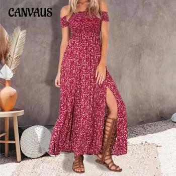 Летнее платье больших размеров, повседневное богемное платье без бретелек с разрезом на шее, длинное платье с цветочным принтом L белый