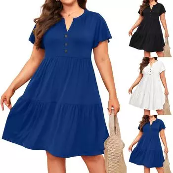 Летнее платье больших размеров, повседневный сарафан, пляжные платья с коротким рукавом и V-образным вырезом M чёрный