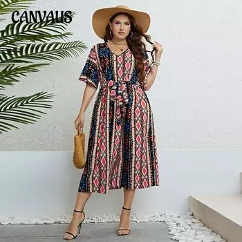 Летнее платье больших размеров с v-образным вырезом и средней талией, с принтом и завязкой на талии, платья XL разноцветный