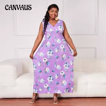 Летнее платье больших размеров с эластичной резинкой на талии, длинное платье с v-образным вырезом, эластичное платье с большим подолом и принтом S лавандовый