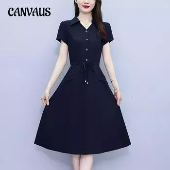 Летнее платье больших размеров с коротким рукавом, модное повседневное платье трапециевидной формы средней длины с талией M тёмно-синий
