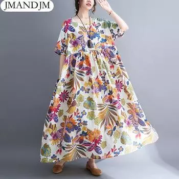 Летнее платье больших размеров с цветочным принтом, повседневная женская одежда, большие размеры, новинка 2023, повседневное льняное платье с короткими рукавами и круглым вырезом