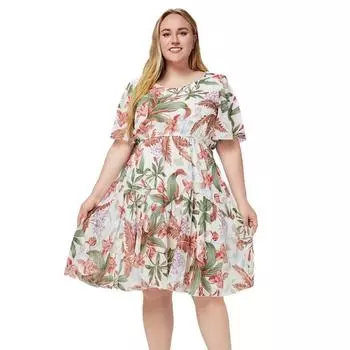 Летнее платье больших размеров с модным принтом и круглым вырезом для полных женщин XL небесно-голубой