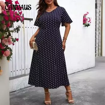 Летнее платье больших размеров с принтом в горошек Элегантное платье с коротким рукавом и V-образным вырезом 1XL