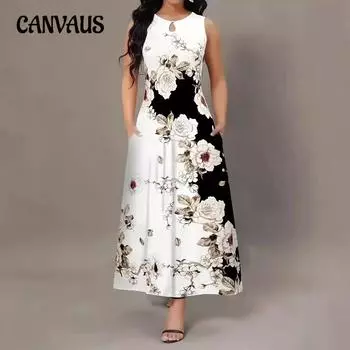 Летнее платье больших размеров с принтом, цветочные карманы, круглый вырез, длинные платья А-силуэта 1XL чёрный