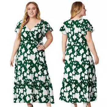 Летнее платье больших размеров в европейском и американском стиле с V-образным вырезом и цветочным принтом для женщин XL
