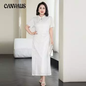 Летнее платье больших размеров Жаккардовые платья Cheongsam средней длины с короткими рукавами 4XL чёрный