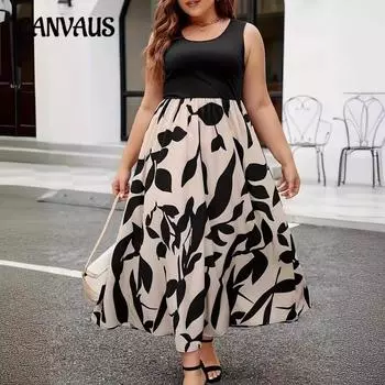 Летнее платье больших размеров, женские лоскутные плиссированные платья без рукавов с круглым вырезом L чёрный