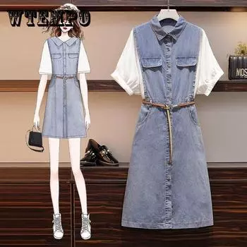 Летнее платье больших размеров, женское платье-рубашка из двух частей, джинсовое платье миди с поясом XXXXXL