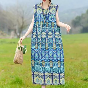 Летнее платье большого размера без рукавов для женщин, элегантное длинное платье больших размеров с винтажным принтом, женская одежда L