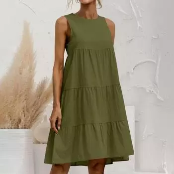 Летнее платье большого размера для женщин с круглым вырезом без рукавов в стиле пэчворк, однотонное, свободное, из хлопка и льна S оранжевый