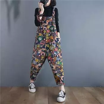 Летнее платье большого размера, джинсовые комбинезоны с принтом, брюки с пятью точками, тонкие свободные тонкие женские брюки с высокой талией L