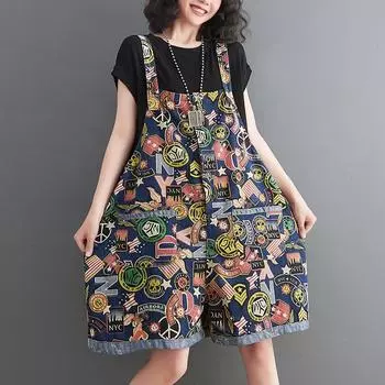 Летнее платье большого размера, джинсовые комбинезоны с принтом, брюки с пятью точками, высокая талия, тонкие свободные тонкие широкие шорты для женщин L