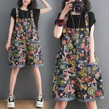 Летнее платье большого размера, джинсовые комбинезоны с принтом, брюки с пятью точками, высокая талия, тонкие свободные тонкие широкие шорты для женщин S